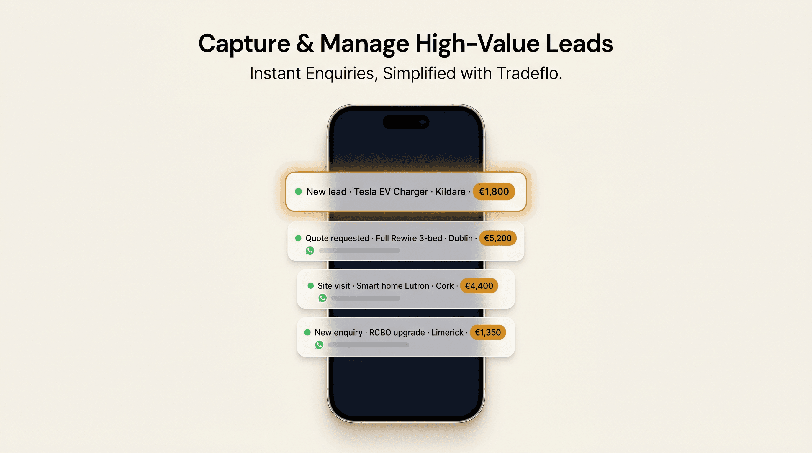 Customer leads arriving on a tradesman's phone via Tradeflo