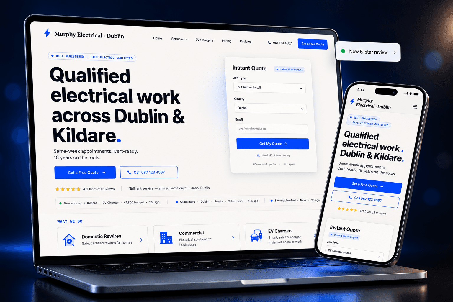 Sample Tradeflo electrician website on a laptop and phone
